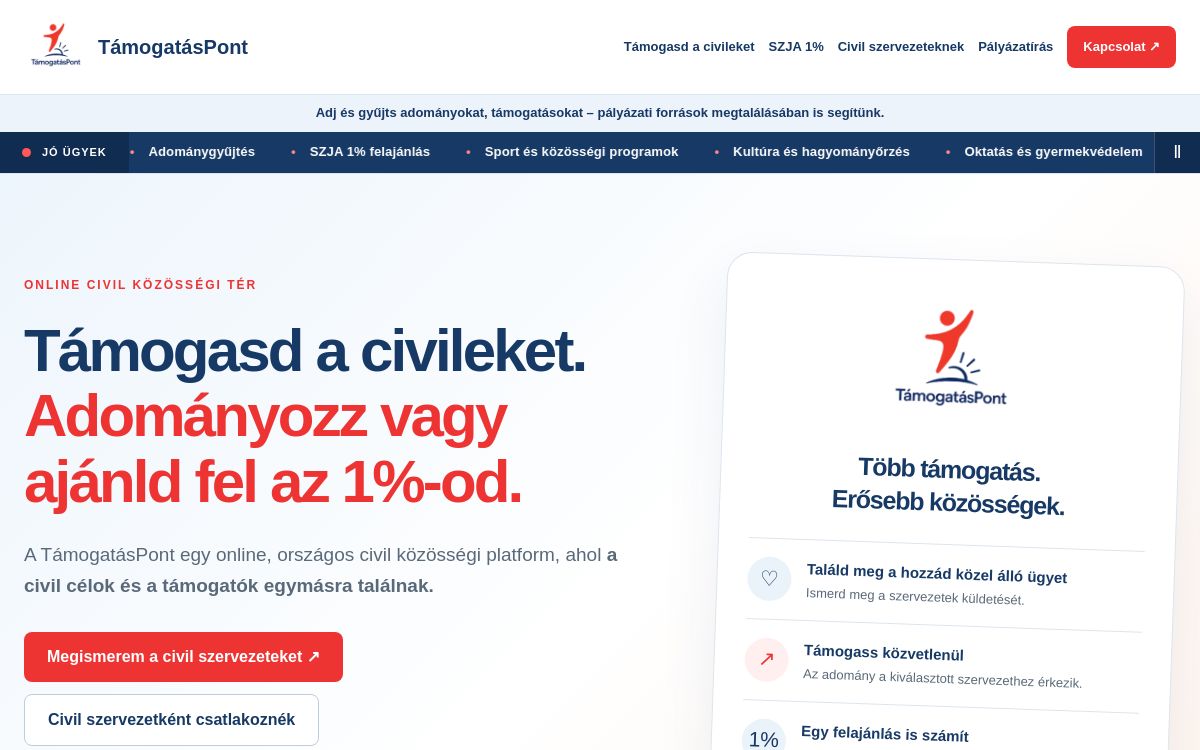 A TámogatásPont weboldalának nyitóképe